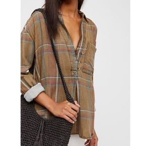 Free People Olive Plaid Pullover Top - Size L